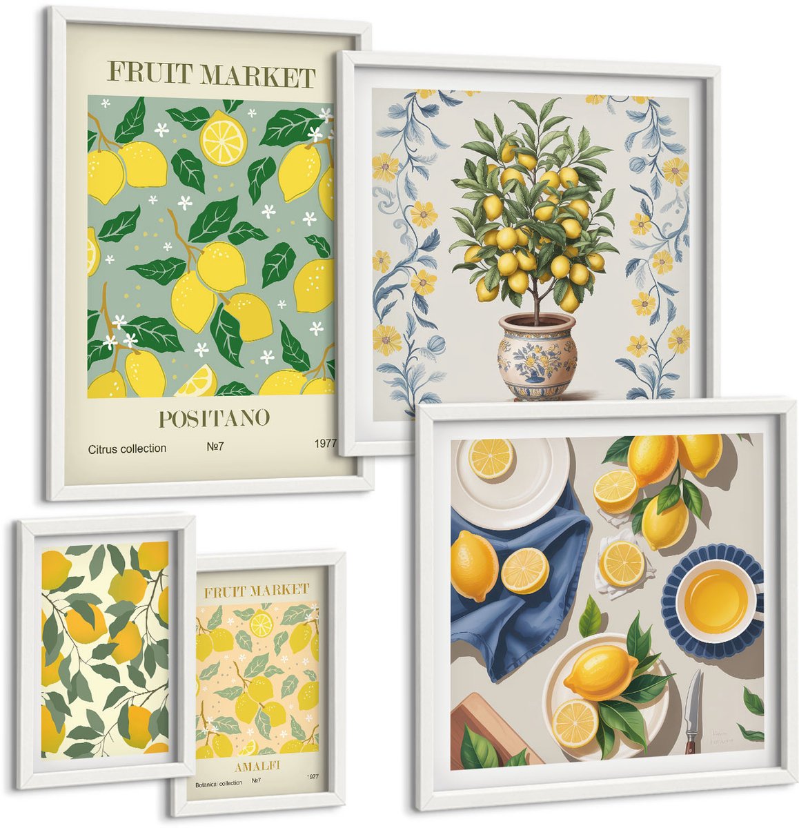Wallfluent 5-Delige Schilderij Set - Citruscollectie: Verse Vruchten En Decoratieve Patronen - 50 x 50 cm, 20 x 30 cm En 40 x 60 cm - Wanddecoratie - Schilderijen Set - Kantoor - Decoratieve Schilderijen