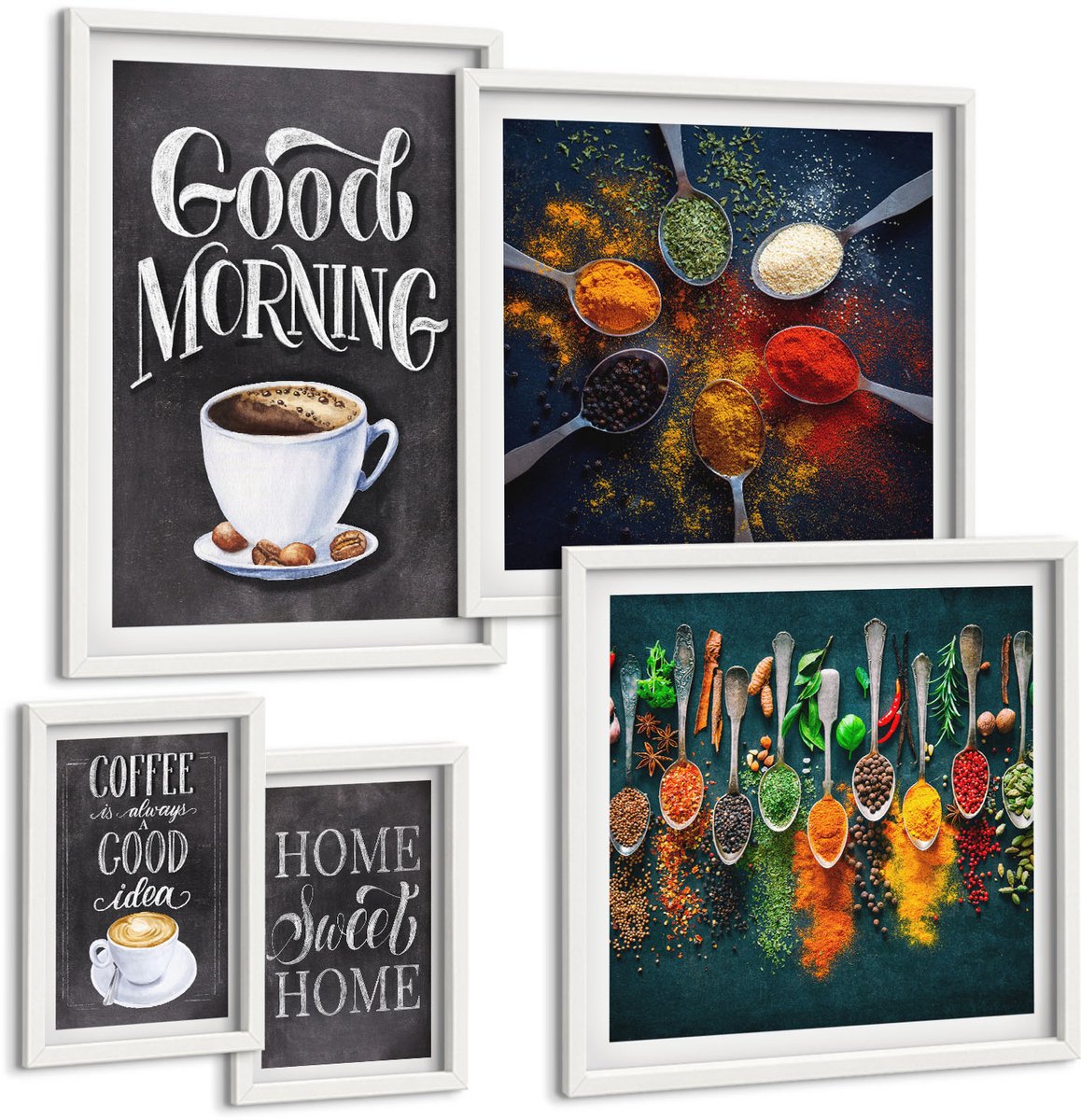 Wallfluent 5-Delige Schilderij Set - Koffie-Inspiratie Voor Liefhebbers Van Aromatische Dranken - 50 x 50 cm, 20 x 30 cm En 40 x 60 cm - Moderne Wanddecoratie - Woonkamer - Decoratieve Schilderijen