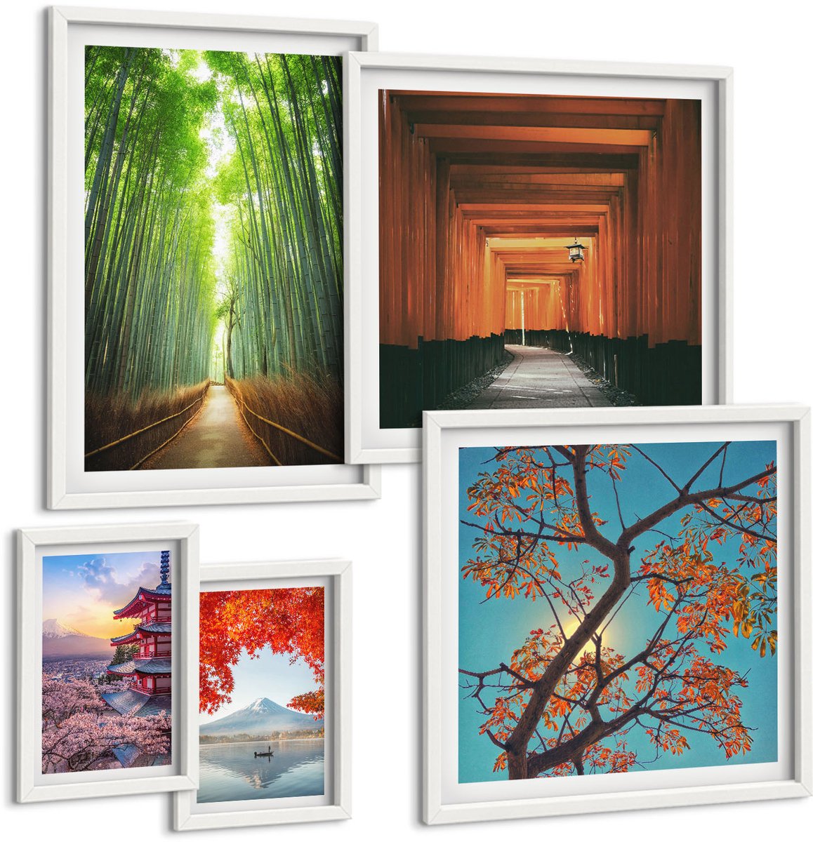 Wallfluent 5-Delige Schilderij Set - Japanse Landschappen Met Bamboe En Lentebloemen - 50 x 50 cm, 20 x 30 cm En 40 x 60 cm - Decoratieve Muurdecoratie - Slaapkamer - Wanddecoratie