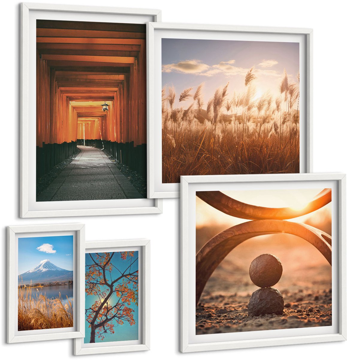 Wallfluent 5-Delige Schilderij Set - Rustgevende Natuurlandschappen Met Zen- En Harmonie-Motieven. - 50 x 50 cm, 20 x 30 cm En 40 x 60 cm - Muurdecoratie - Wanddecoratie - Hal