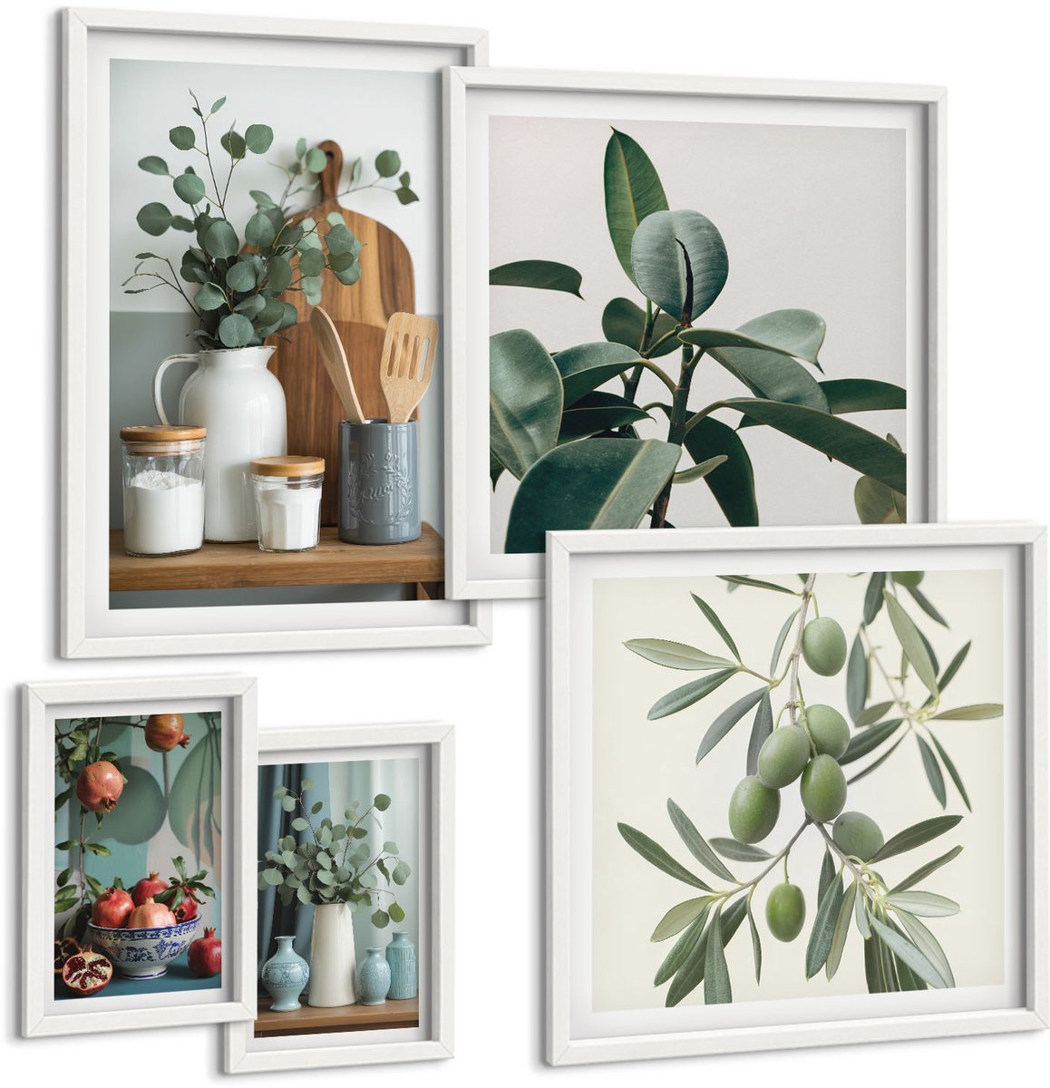 Wallfluent 5-Delige Schilderij Set - Natuurlijke Accenten In Scandinavische Stijl Met Planten - 50 x 50 cm, 20 x 30 cm En 40 x 60 cm - Stijlvolle Wanddecoratie - Interieur - Woonkamer Decoratie