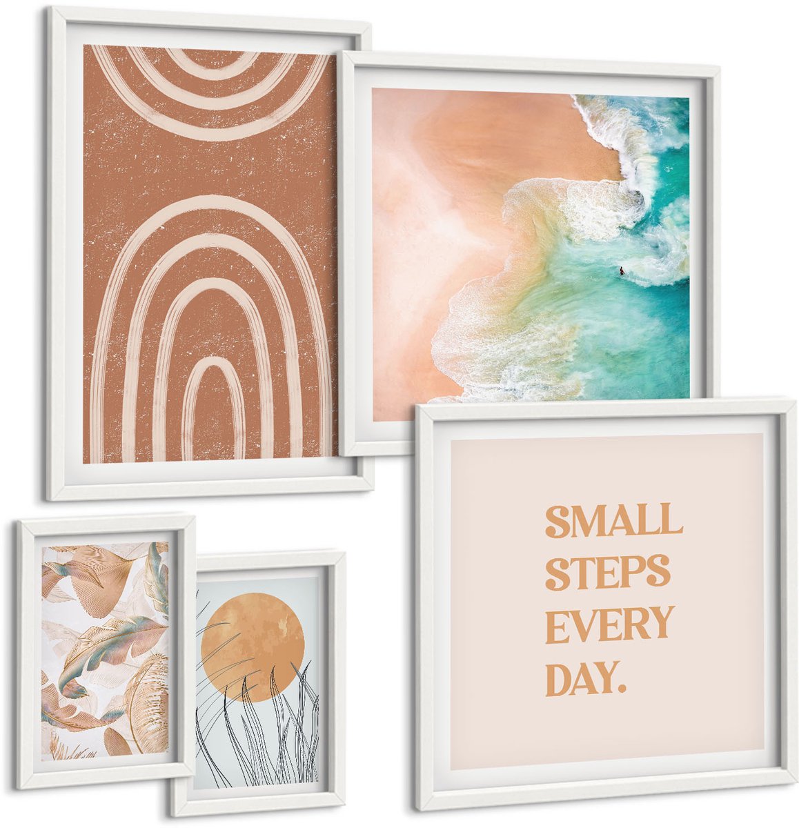 Wallfluent 5-Delige Schilderij Set - Stijlvolle Decoraties Met Plant- En Geometrische Motieven. - 50 x 50 cm, 20 x 30 cm En 40 x 60 cm - Moderne Wanddecoratie - Slaapkamer - Decoratieve Schilderijen