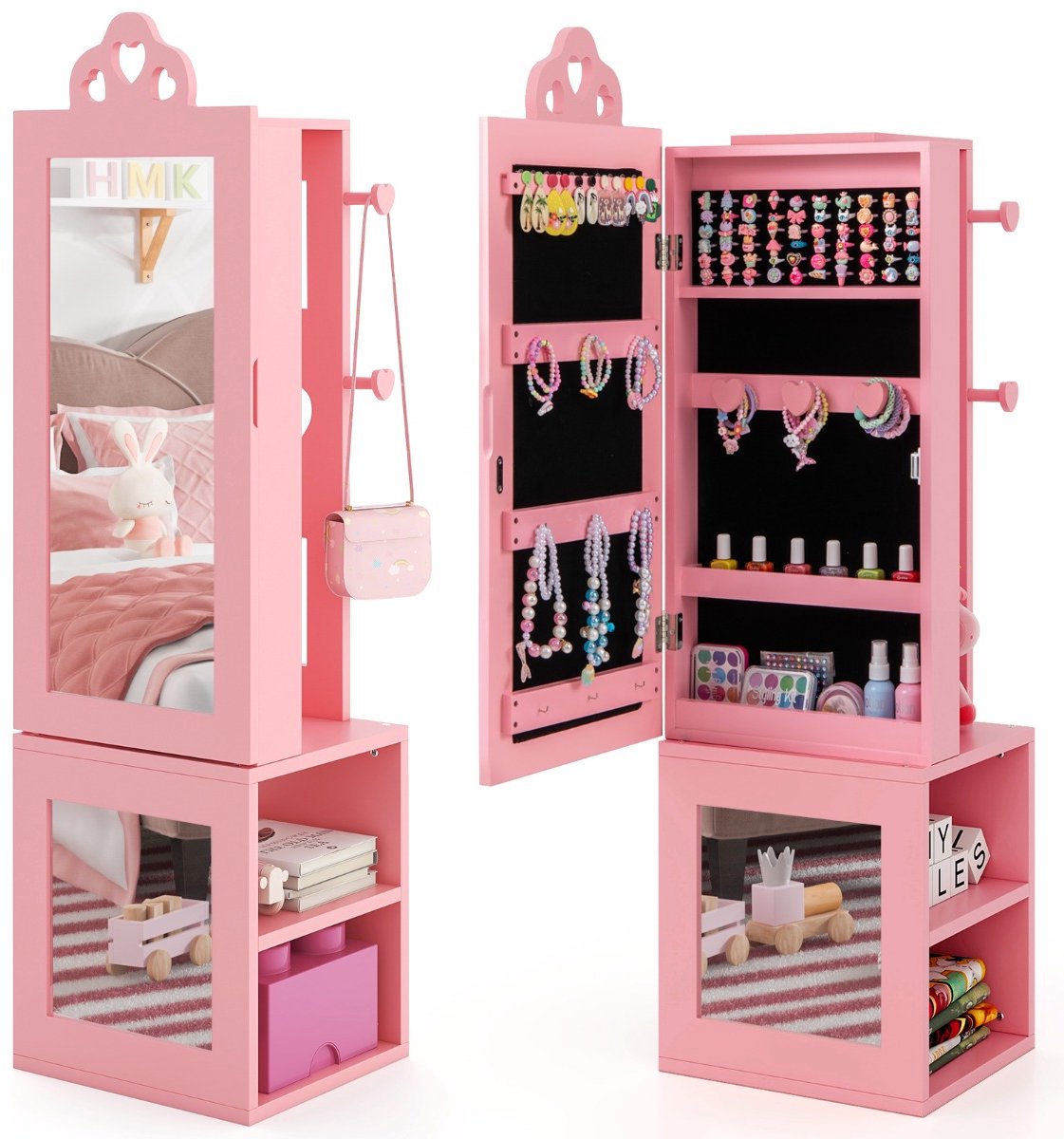 SureDeal® - Kaptafel - Juwelenkast - Kinderen Juwelenkast - Passpiegel Kledingrek Juwelenopbergvak - Haken - 34x30x117 cm - Roze