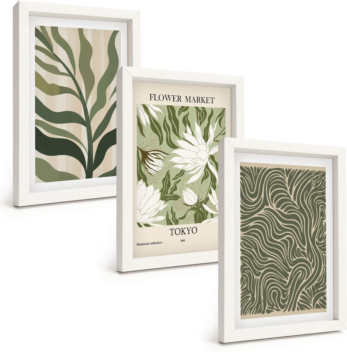 Wallfluent 3-Delige Schilderij Set - Plantenpatronen, Botanische Decoraties, Boho-Stijl - 20 x 30 - Schilderijen Set - Wanddecoratie - Woonkamer - Interieur Decoratie