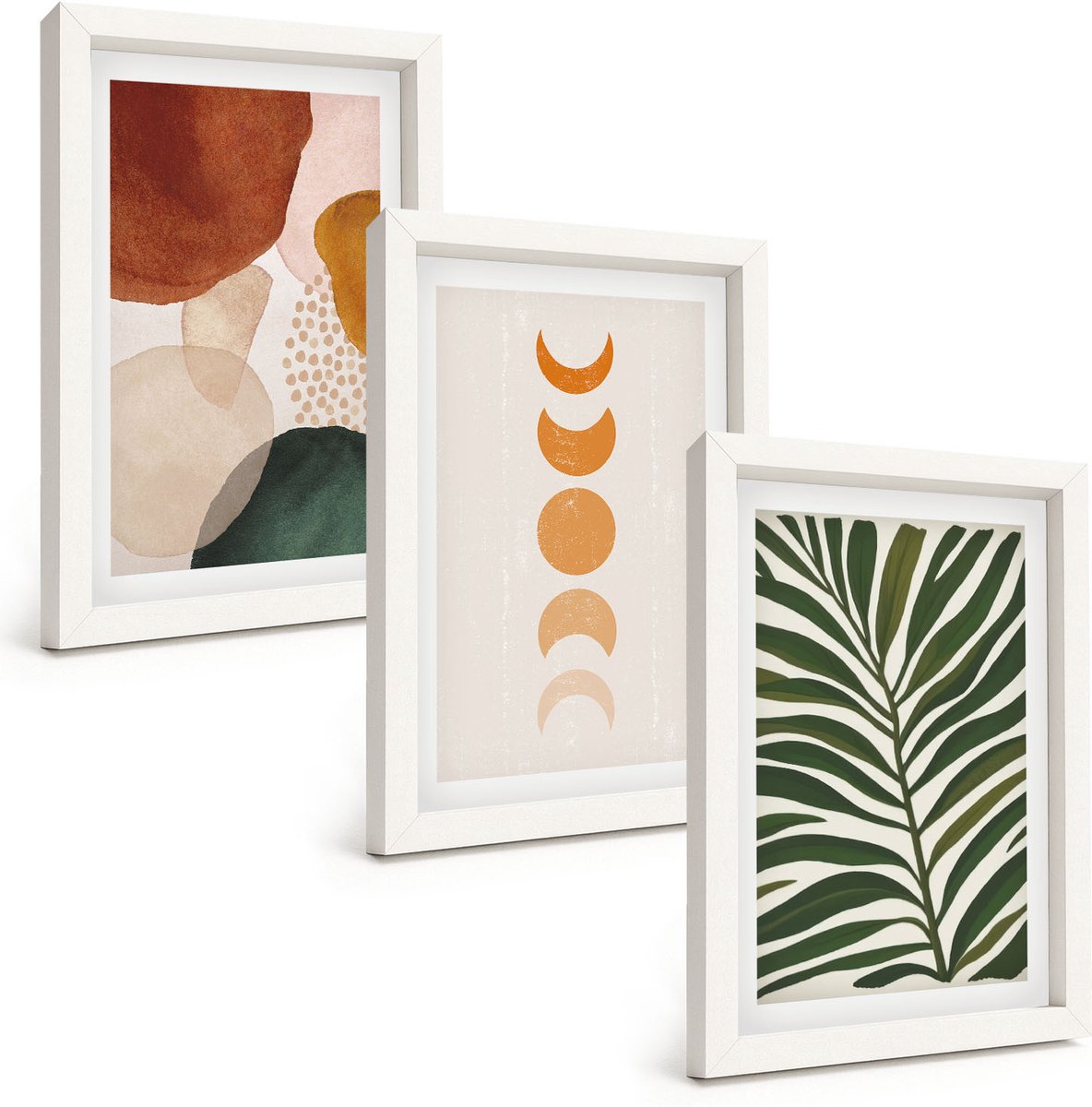 Wallfluent 3-Delige Schilderij Set - Abstracte Vormen In Warme Kleuren En Bladeren - 20 x 30 - Stijlvolle Muurdecoratie - Slaapkamer - Moderne Wanddecoratie