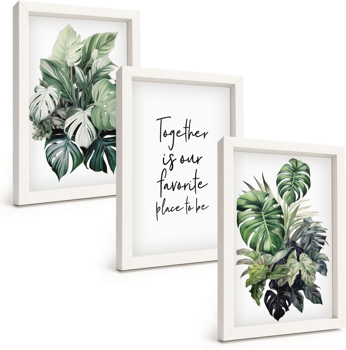 Wallfluent 3-Delige Schilderij Set - Groene Bladeren Van Tropische Planten Met Decoratieve Inscriptie - 20 x 30 - Moderne Wanddecoratie - Slaapkamer