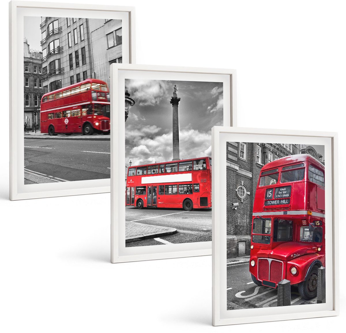 Wallfluent 3-Delige Schilderij Set - Rode Bussen In Het Londense Stadslandschap - 40 x 60 - Decoratieve Muurdecoratie - Slaapkamer - Interieur Decoratie