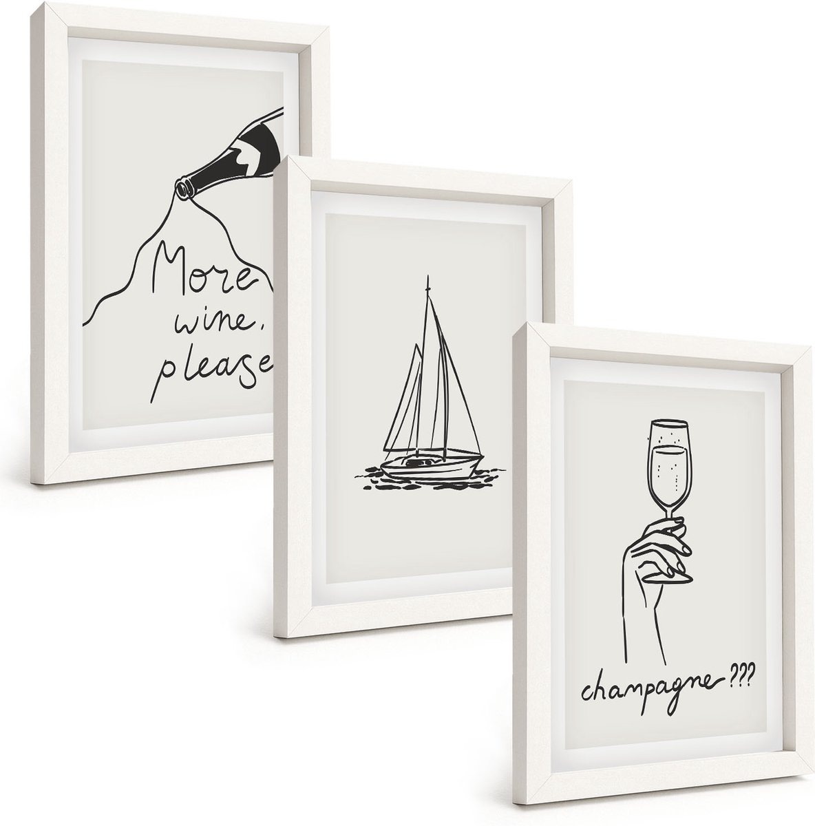 Wallfluent 3-Delige Schilderij Set - Wijn Zeilboot Champagneglas Lineaire Stijl - 20 x 30 - Wanddecoratie - Moderne Interieurdecoratie - Woonkamer Decoratie