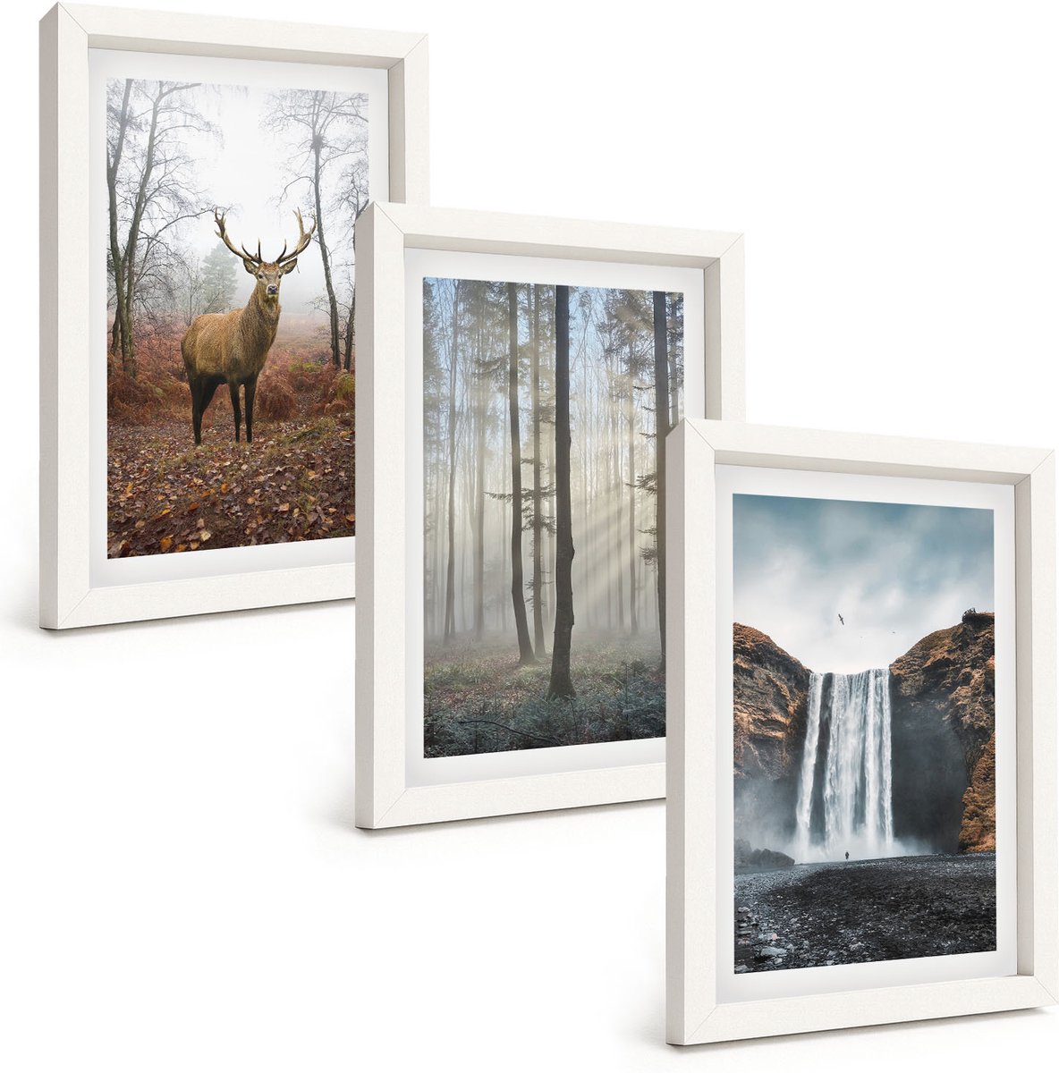 Wallfluent 3-Delige Schilderij Set - Boslandschappen Wilde Natuur Herten - 20 x 30 - Schilderijen Set - Wanddecoratie - Woonkamer - Moderne Wanddecoratie