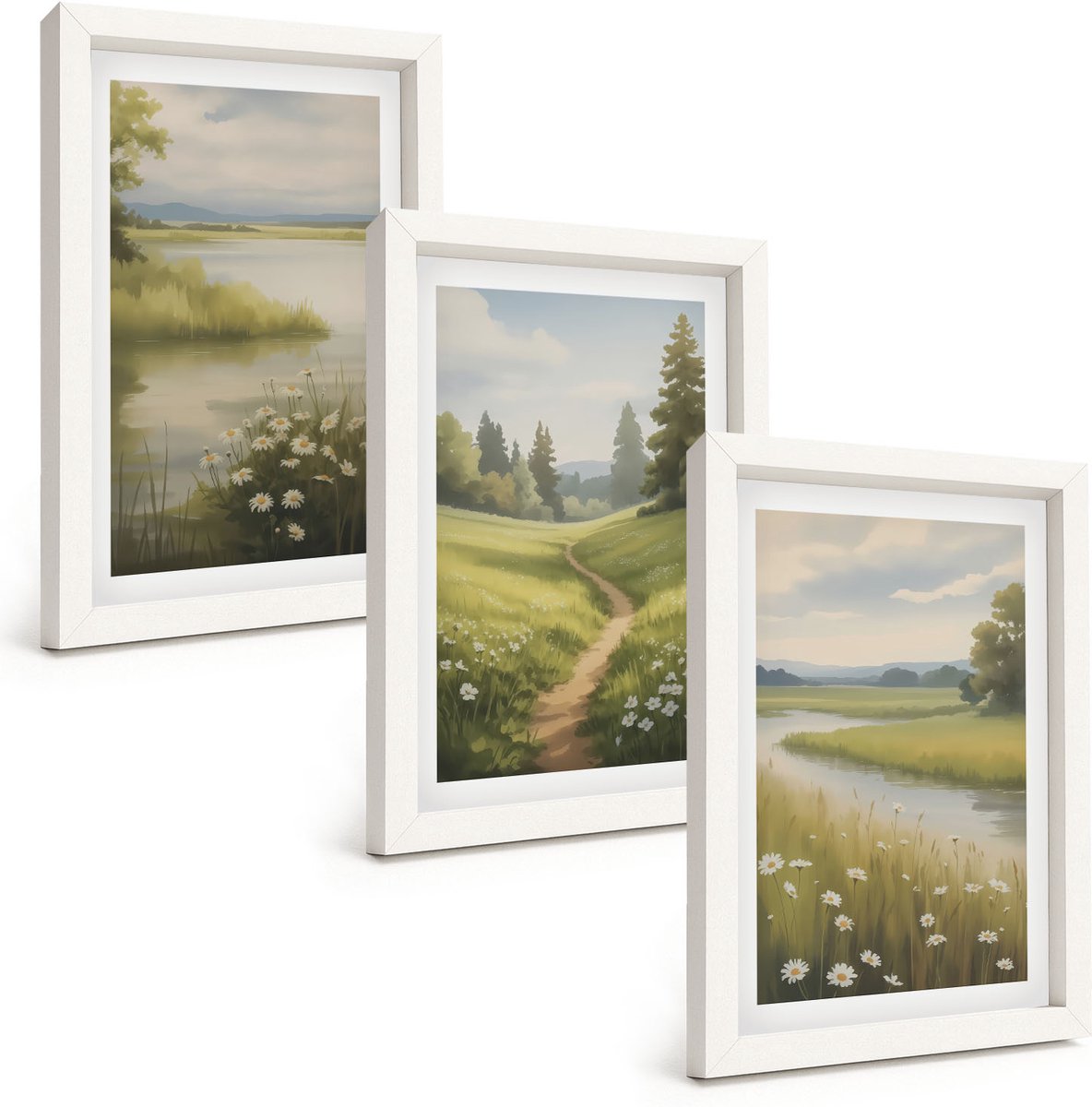 Wallfluent 3-Delige Schilderij Set - Lentelandschap Met Een Rivier, Pad En Bloemenweide - 20 x 30 - Muurdecoratie - Wanddecoratie - Hal - Decoratieve Schilderijen
