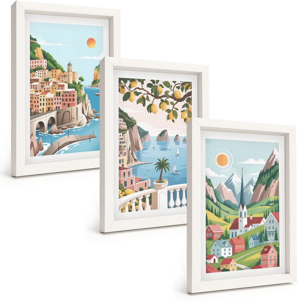 Wallfluent 3-Delige Schilderij Set - Schilderachtige Landschappen Met Zee En Citrusvruchten - 20 x 30 - Decoratieve Schilderijen - Woonkamer - Interieur