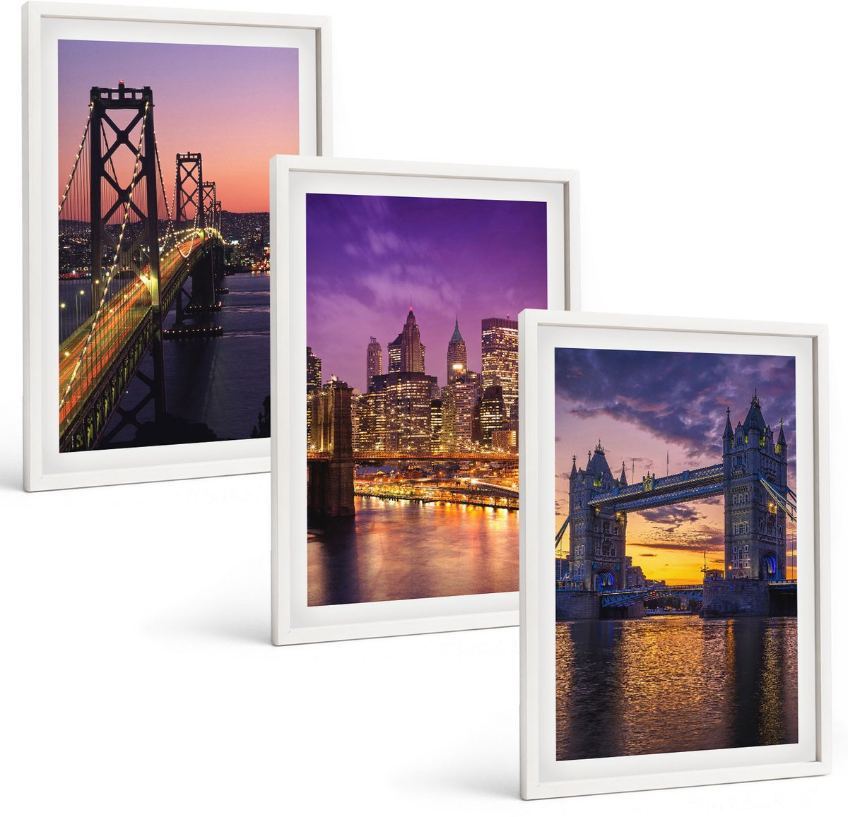 Wallfluent 3-Delige Schilderij Set - Bruggen Bij Zonsondergang En Stedelijke Landschappen - 40 x 60 - Schilderijen Set - Wanddecoratie - Woonkamer - Interieur Decoratie