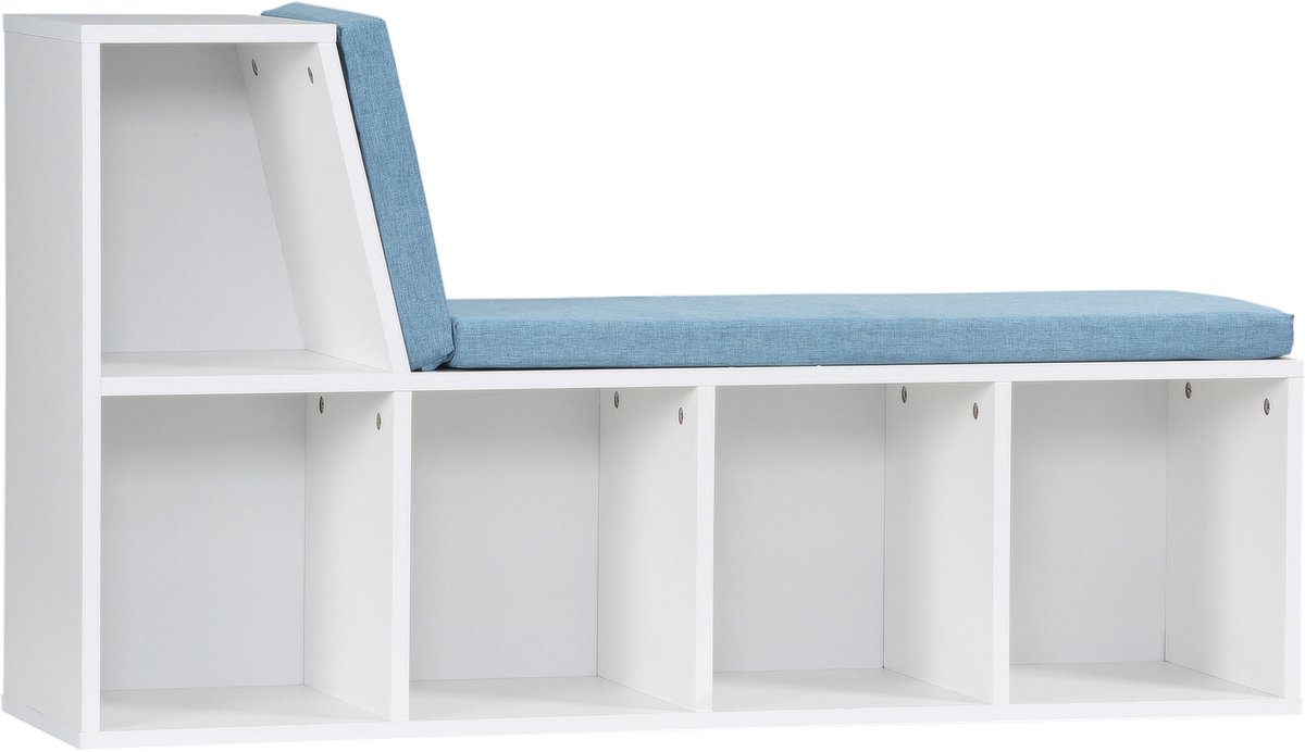 Leesbankje - met kussen - met 6 opbergruimtes - leeshoekje - blauw - kubusvormig opbergrek