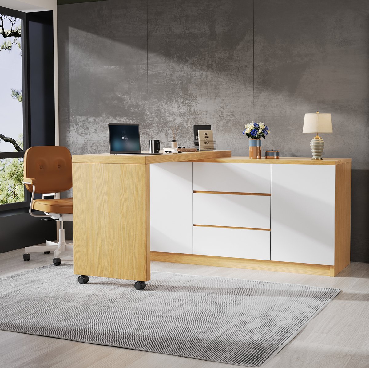 Wishdor Bureau - Draaibaar tafelblad - Met wielen en opbergruimte - Modern ontwerp - Woonkamer kantoor hal - Houtlook - Wit eiken - 120 x 50 x 76,5 cm