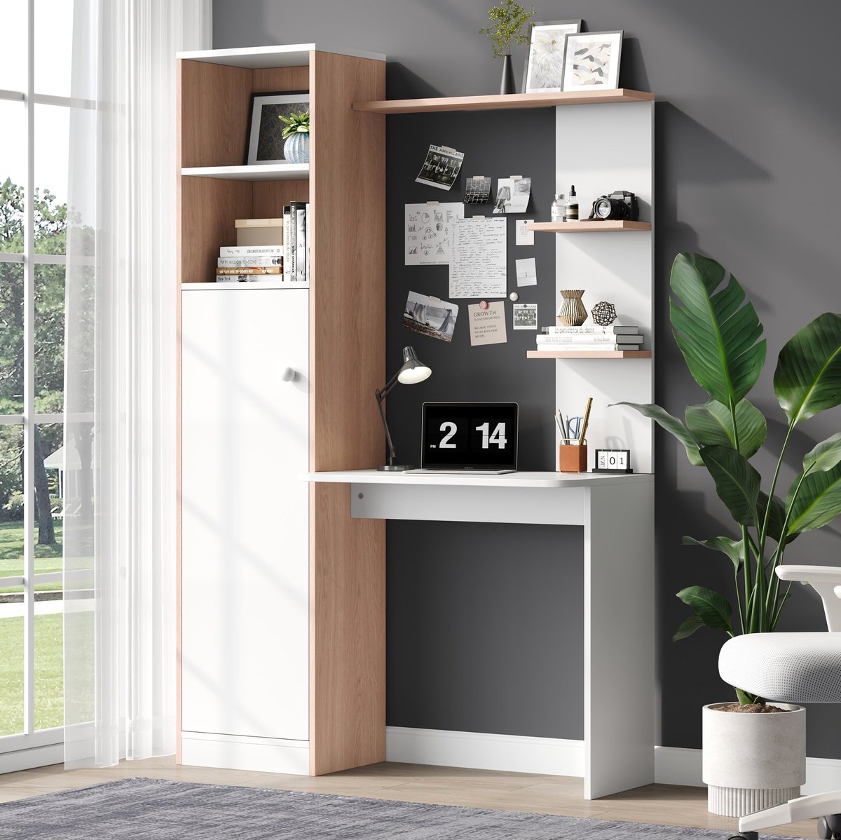 Wishdor Bureau met opbergruimte - Witte kast met houtlook - Open vakken en gesloten opbergkast - Modern bureau - Homeoffice woonkamer slaapkamer studentenkamer - Bewerkt hout - Wit - 123,5 x 45 x 168,5 cm