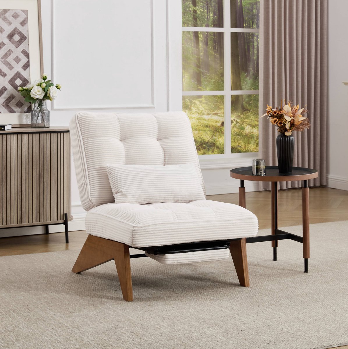 Wishdor Fauteuil - Verstelbare rugleuning en voetsteun - Met lendenkussen - Retro uitstraling - Woonkamer slaapkamer studeerkamer balkon - Stof hout - Beige - 127 x 73 x 90 cm