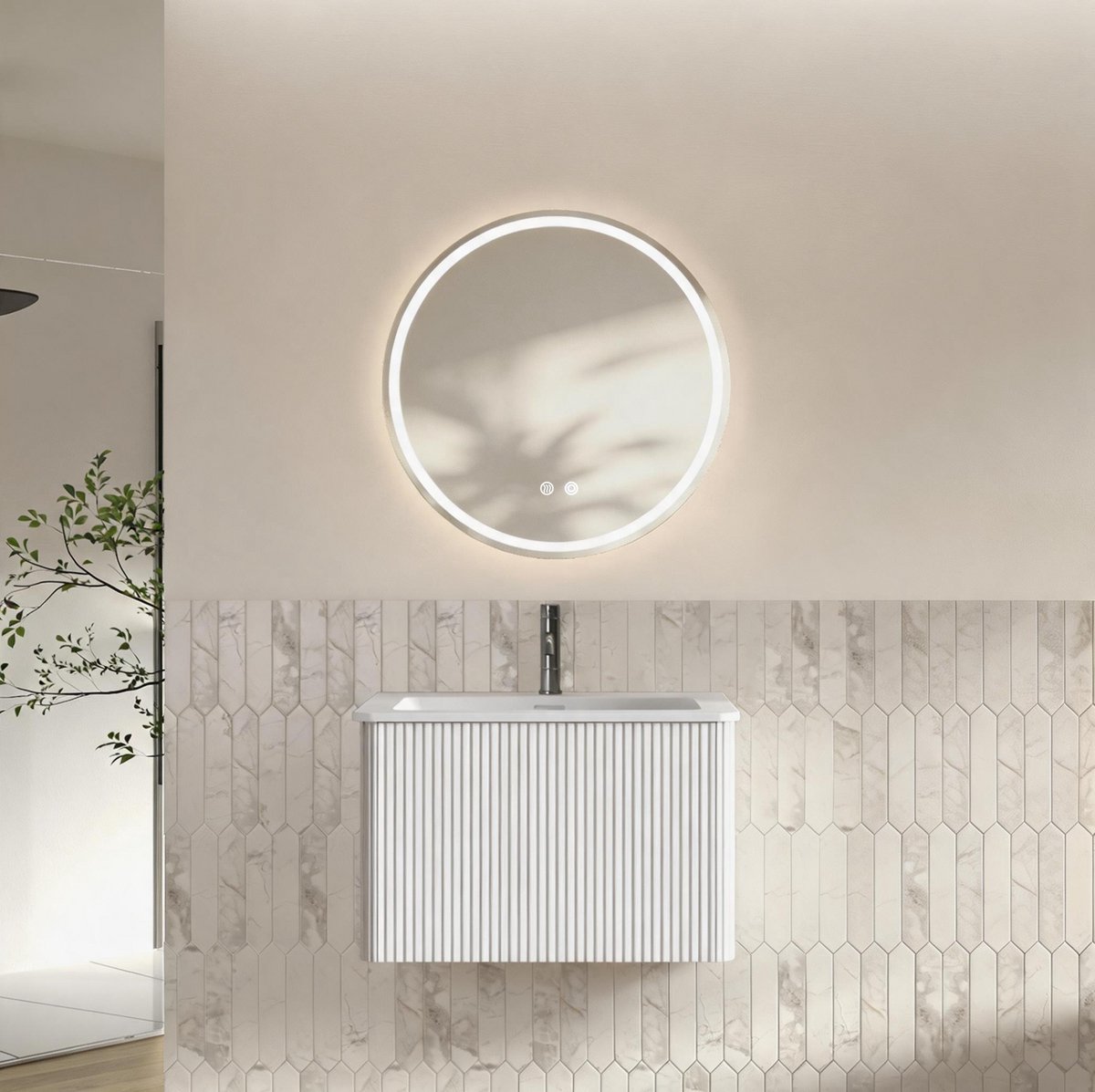 STILVORA Badkamermeubelset - Wandhangende Wastafel Met Onderkast En Led Spiegel - Ruimtebesparend Voor Badkamer - Hout En Glas - 60 Cm - Wit