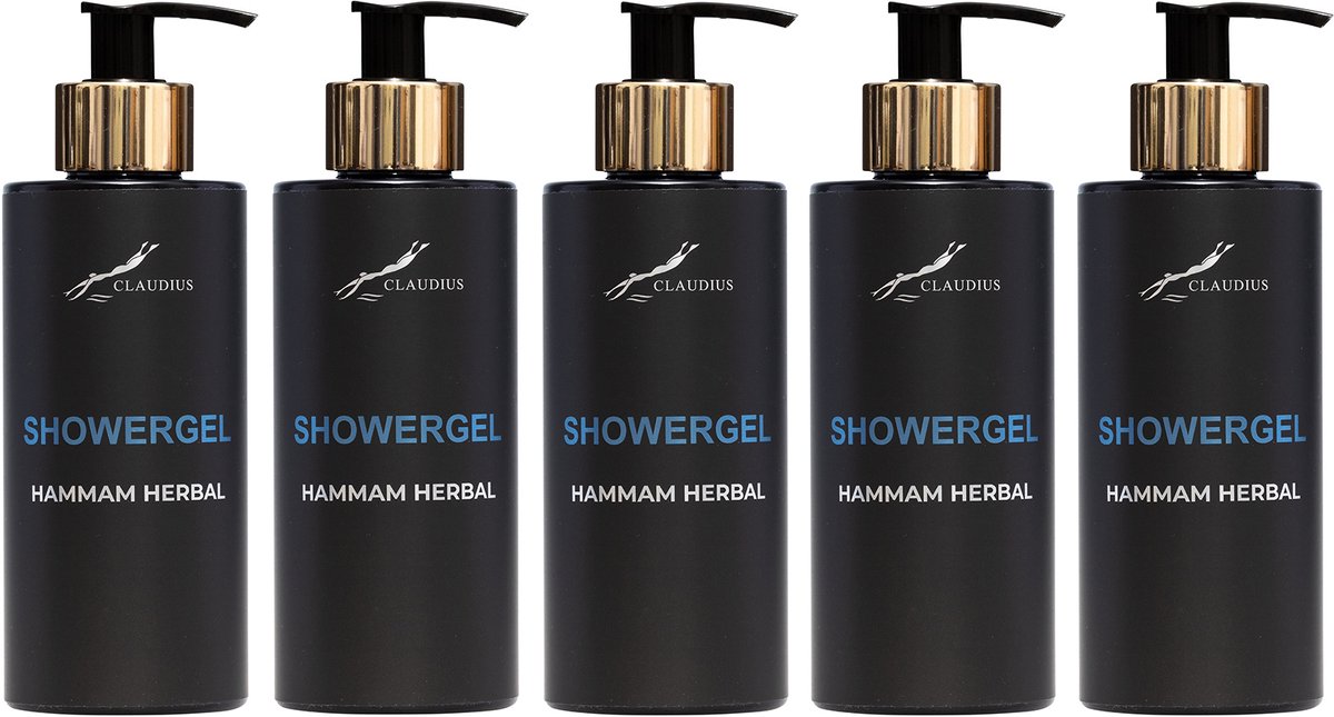 Showergel Hammam Herbal 300 ml - met gouden pomp - zwarte fles - set van 5 stuks - Voordeelverpakking