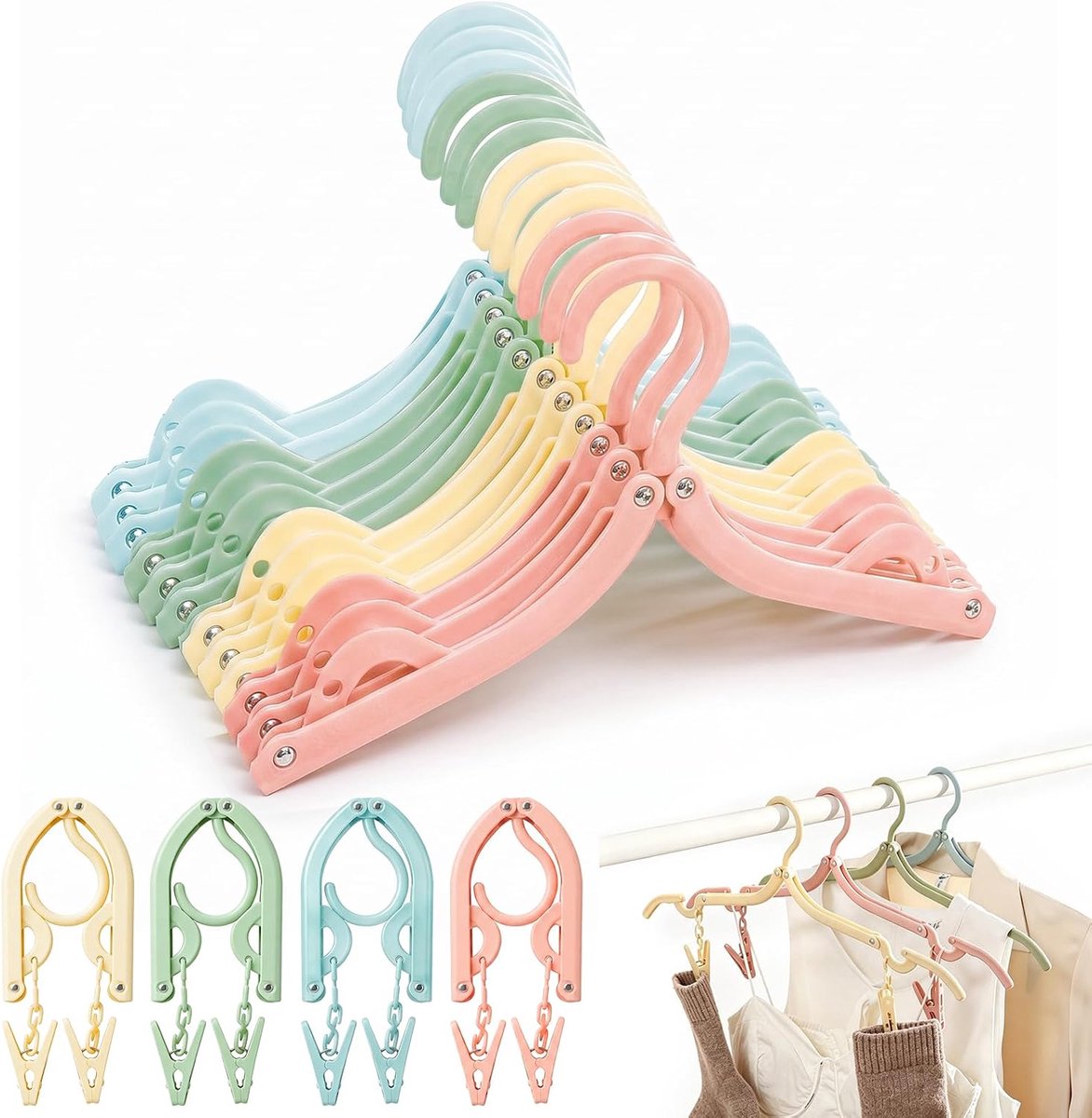 Bobypet - Kleerhangers - Reiskledinghangers met Clips 20 Stuks - Opvouwbare Kleerhangers - Reisaccessoires - Geschikt voor op reis - Meerkleurig
