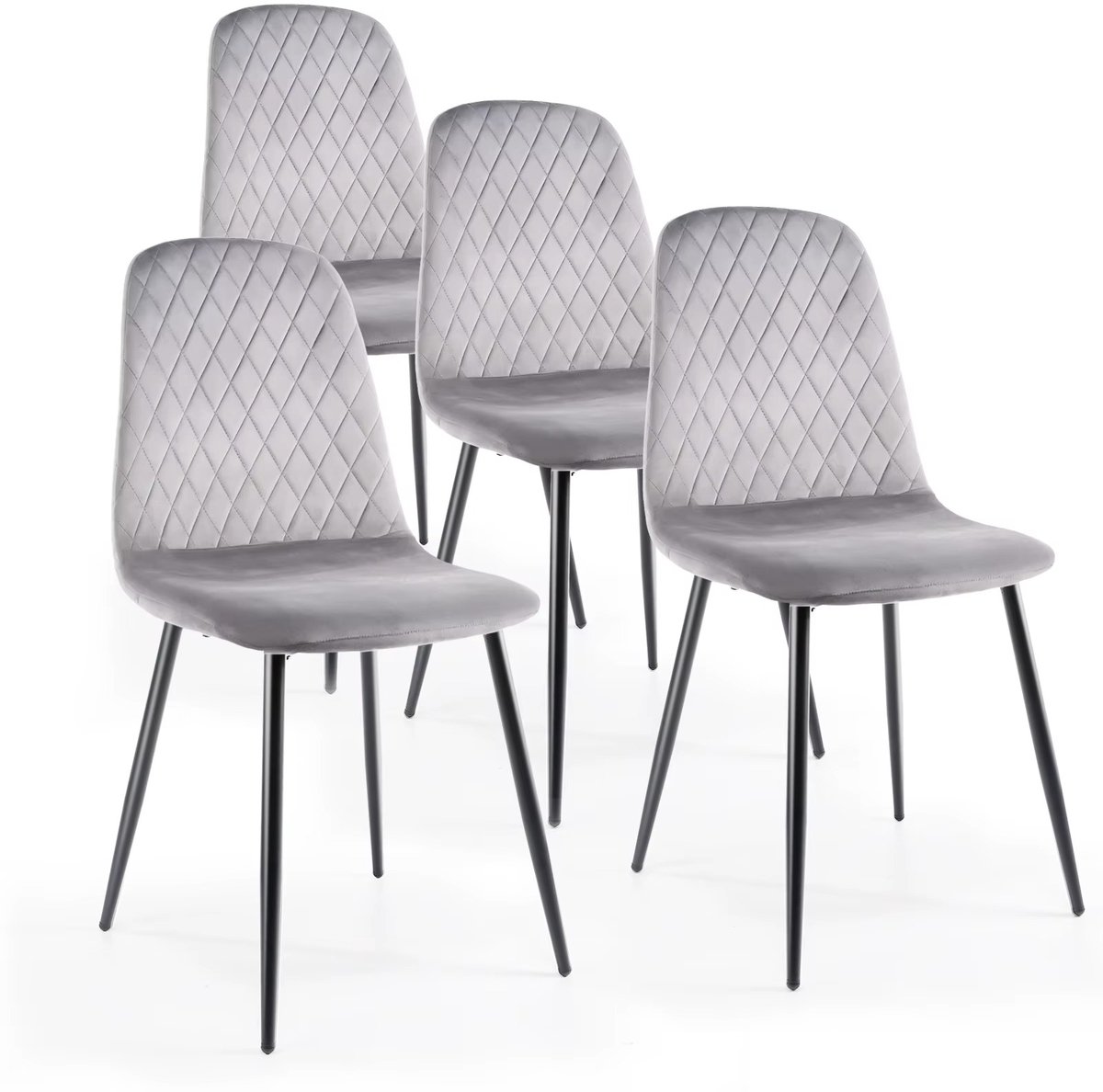 Whoopr® Set van 4 Fluwelen Eetkamerstoelen – Grijze Gestoffeerde Stoelen met Dikke Gewatteerde Zitting – Moderne Eetkamerstoelen met Houten Poten – Comfortabele Stoelenset Grijs
