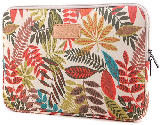 Housse d'ordinateur portable avec un imprimé de feuilles multicolores et un logo Lisen marron.