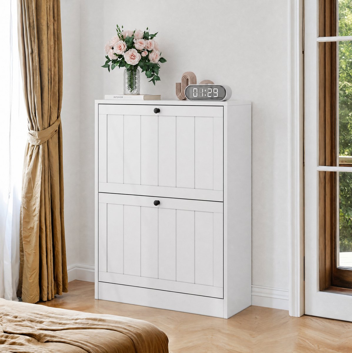 DESMIU Schoenenkast - Wit - 2 Klapdeuren - Staand - Moderne Stijl - MDF - 60x24x80 Cm