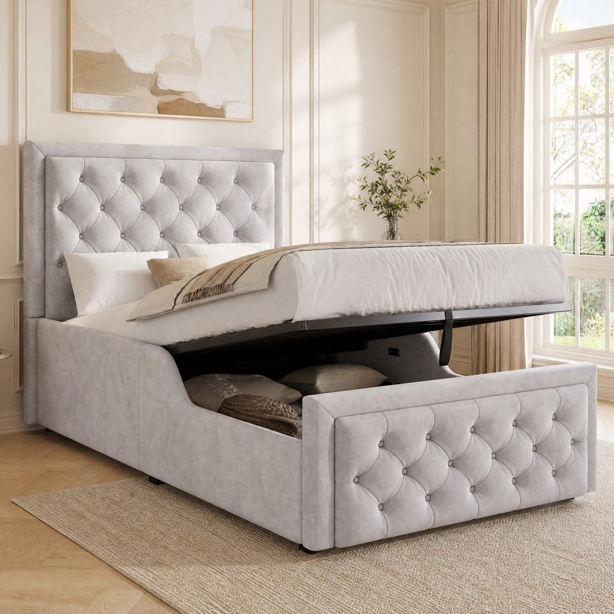 MODENUIT Bed – 90 x 200 cm – Met Opbergruimte en Lattenbodem – Stof – Grijs – Met Hoofdbord – Voor Kinderen