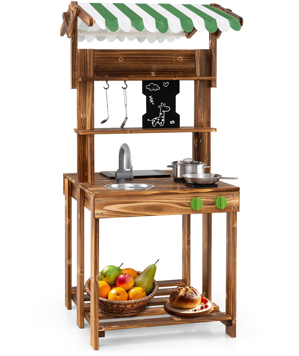 SureDeal® - Rollenspell - Kindermatskeuken - Dak - Schoolbord - Gootsteen - Kraan Dubbelzijdige Speelkeuken - 63x56x115 cm - Naturel