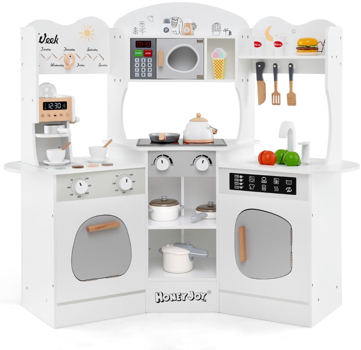 SureDeal® - Rollenspell - Houten Hoek Speelkeuken - Peuters Licht - Geluid Koffiezetapparaat Magnetron - 105x30x95 cm - Wit