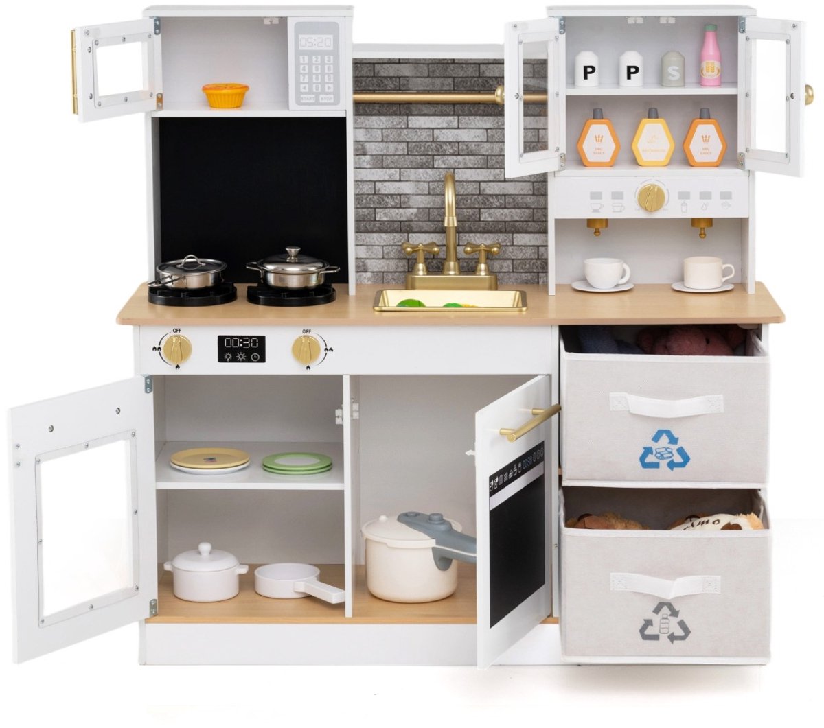 SureDeal® - Rollenspell - Kinderkeuken Speelset Houten - Fornuis Geluid - Licht Koffiemachine Kraan - Kookgerei Natuur - 91x30x90 cm - Naturel