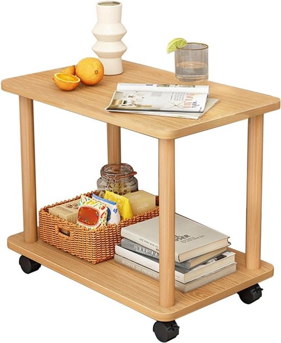 Houten bijzettafel - Kleine consoletafel - Opbergen woonkamer - Twee open opbergniveaus - 60x30x47 cm - Houtkleur