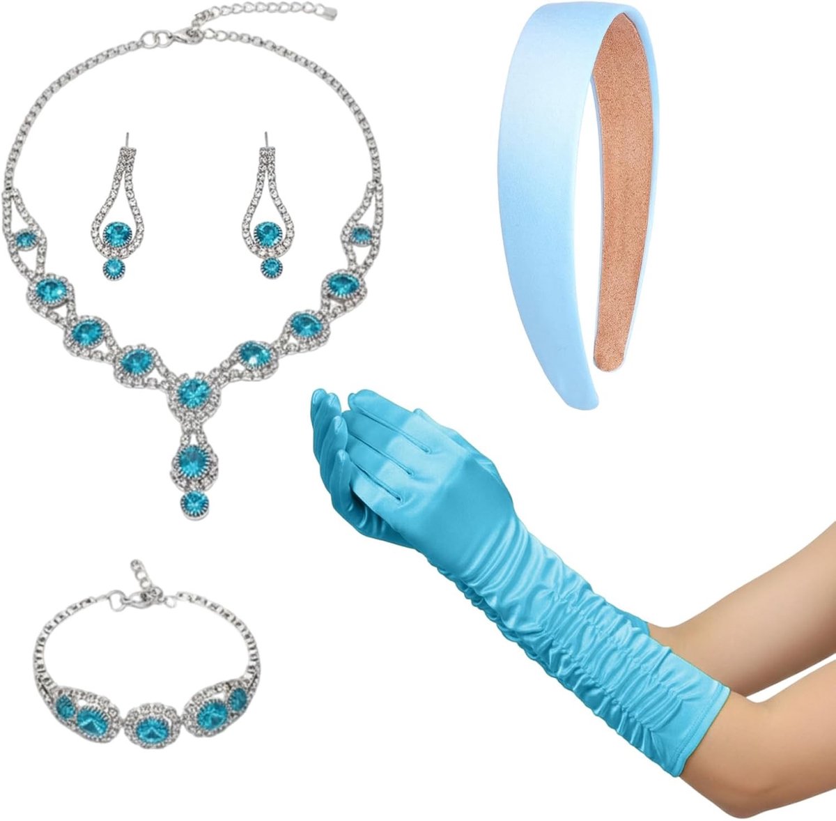 Accessoire Set voor Carnaval en Verkleedfeest - Prinsessen Kostuum met Kroon, Gele/Blauwe Handschoenen en Ketting voor Themafeesten