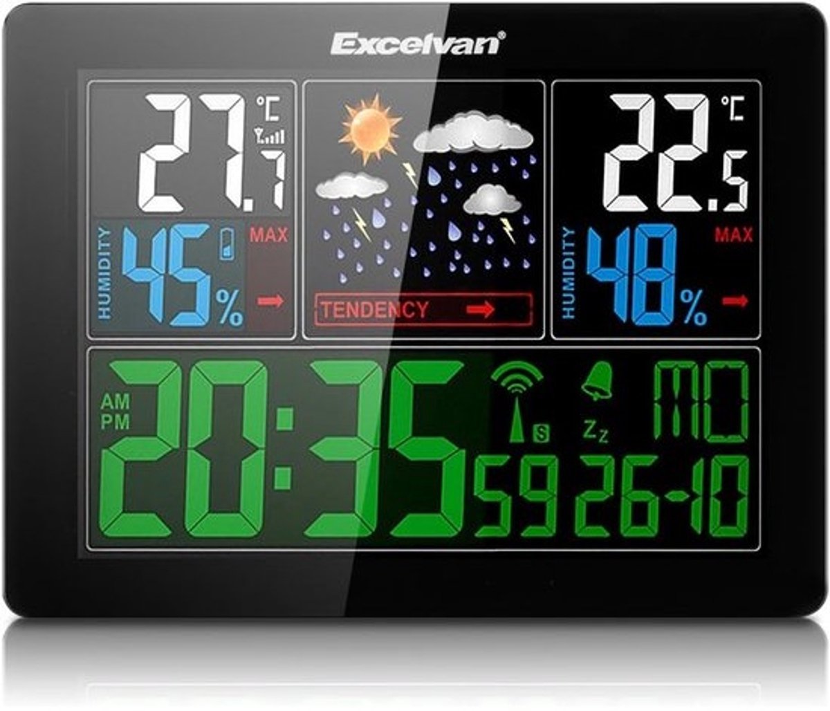 Weerstation met voorspellingen - Binnen en buiten meter - Weersvoorspelling thuis - Draadloze buitensensor - 110x145x45 mm - Zwart