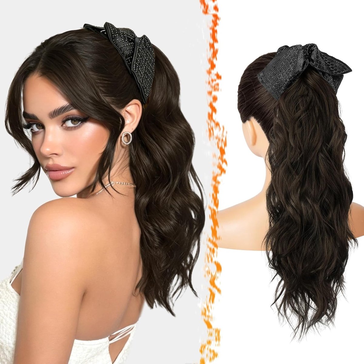 Kleur Donkerbruin 45cm Kralenclip Ponytail Extensions, Lichtgewicht Golvend Haarstuk voor Natuurlijke Look en Gemakkelijk Gebruik