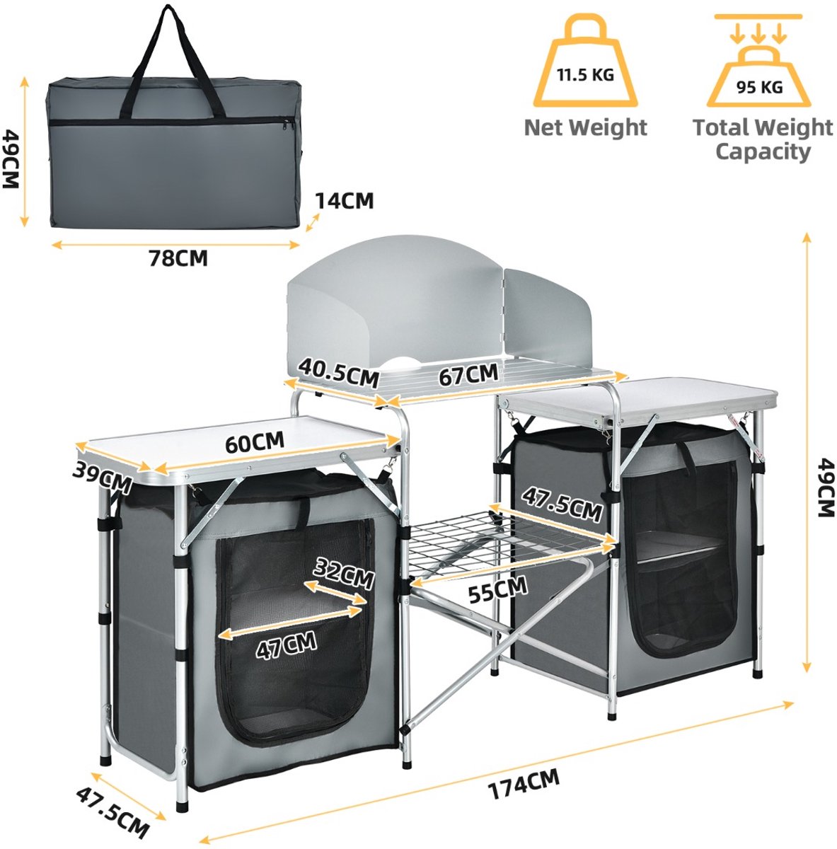 SureDeal® - Kamper - Opvouwbare Kampeertafel - Opbergruimte Aluminium Grillplaat - Voorruit - Draagtas Draagbare Laags - 174x47,5x110 cm - Grijs