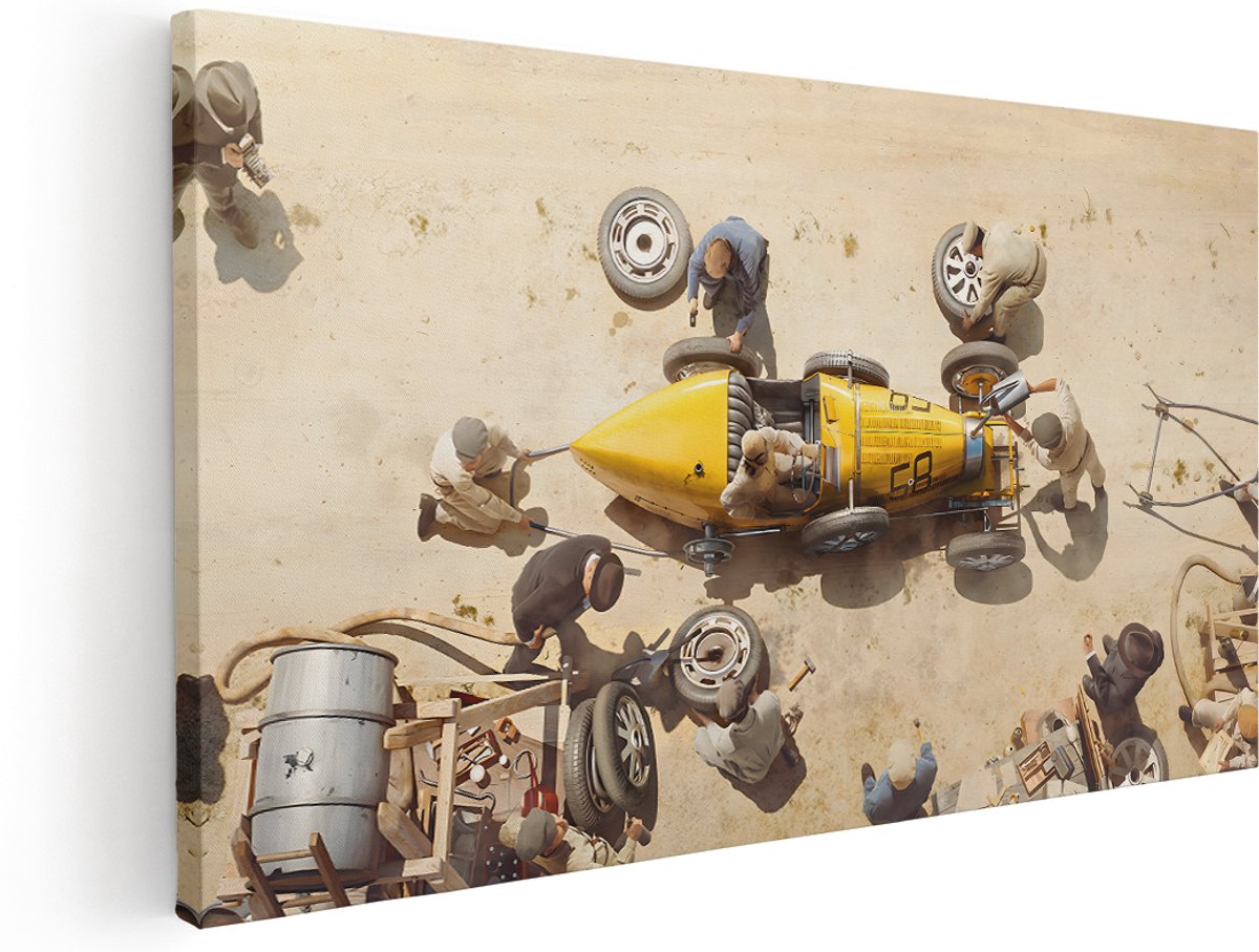 Artaza Canvas Schilderij Auto - 140x70 cm - Groot - Wanddecoratie Vintage Raceauto - Muurdecoratie Pitstop Monteurs - Schilderijen Op Canvas