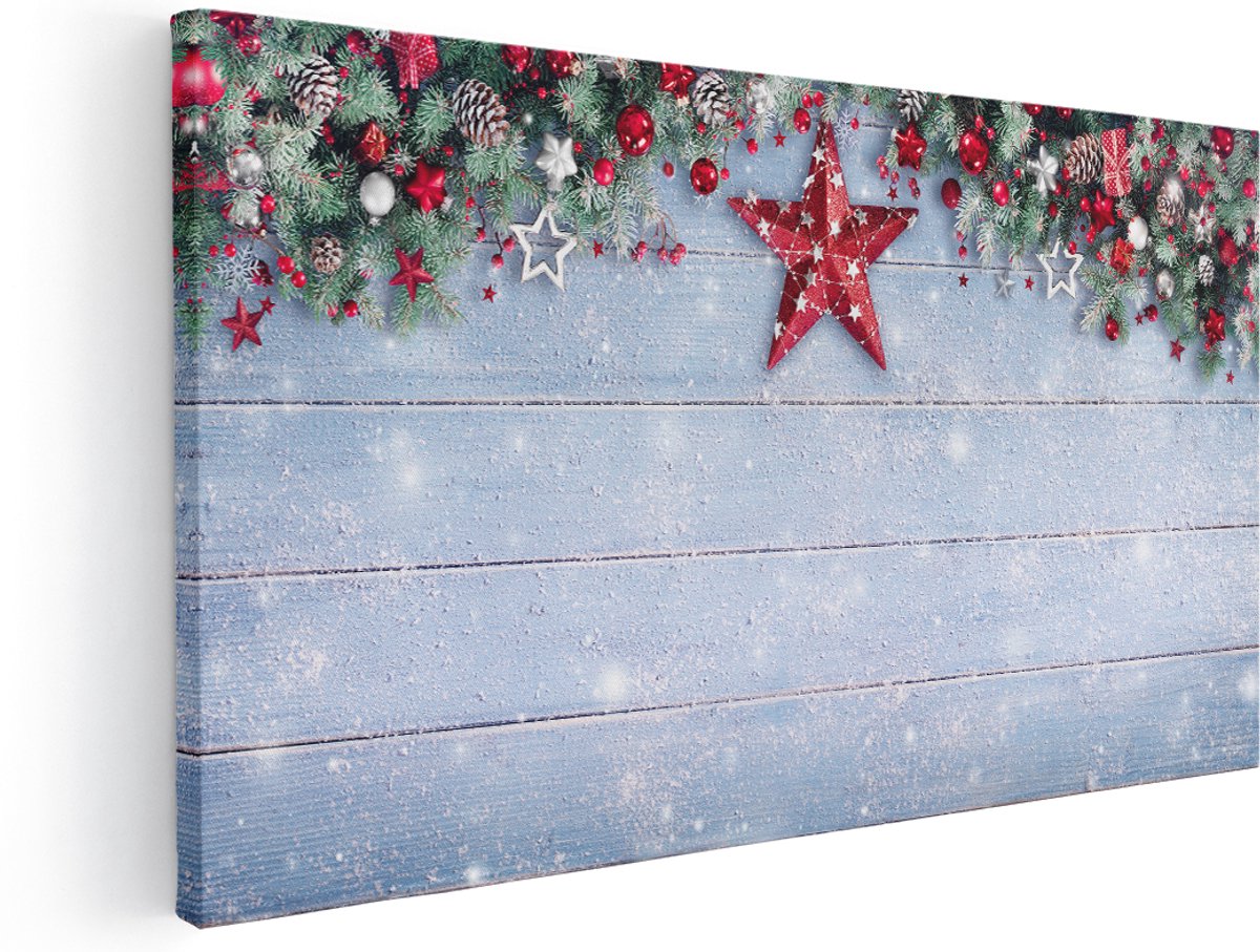 Artaza Canvas Schilderij Kerst Achtergrond Met Sneeuw Op Tafel - 140x70 cm - Groot - Wanddecoratie Woonkamer - Schilderijen - Muurdecoratie