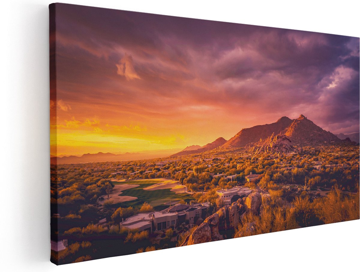 Artaza Canvas Schilderij Woestijn Landschap Met Zonsondergang - 140x70 cm - Groot - Wanddecoratie Woonkamer - Schilderijen - Muurdecoratie