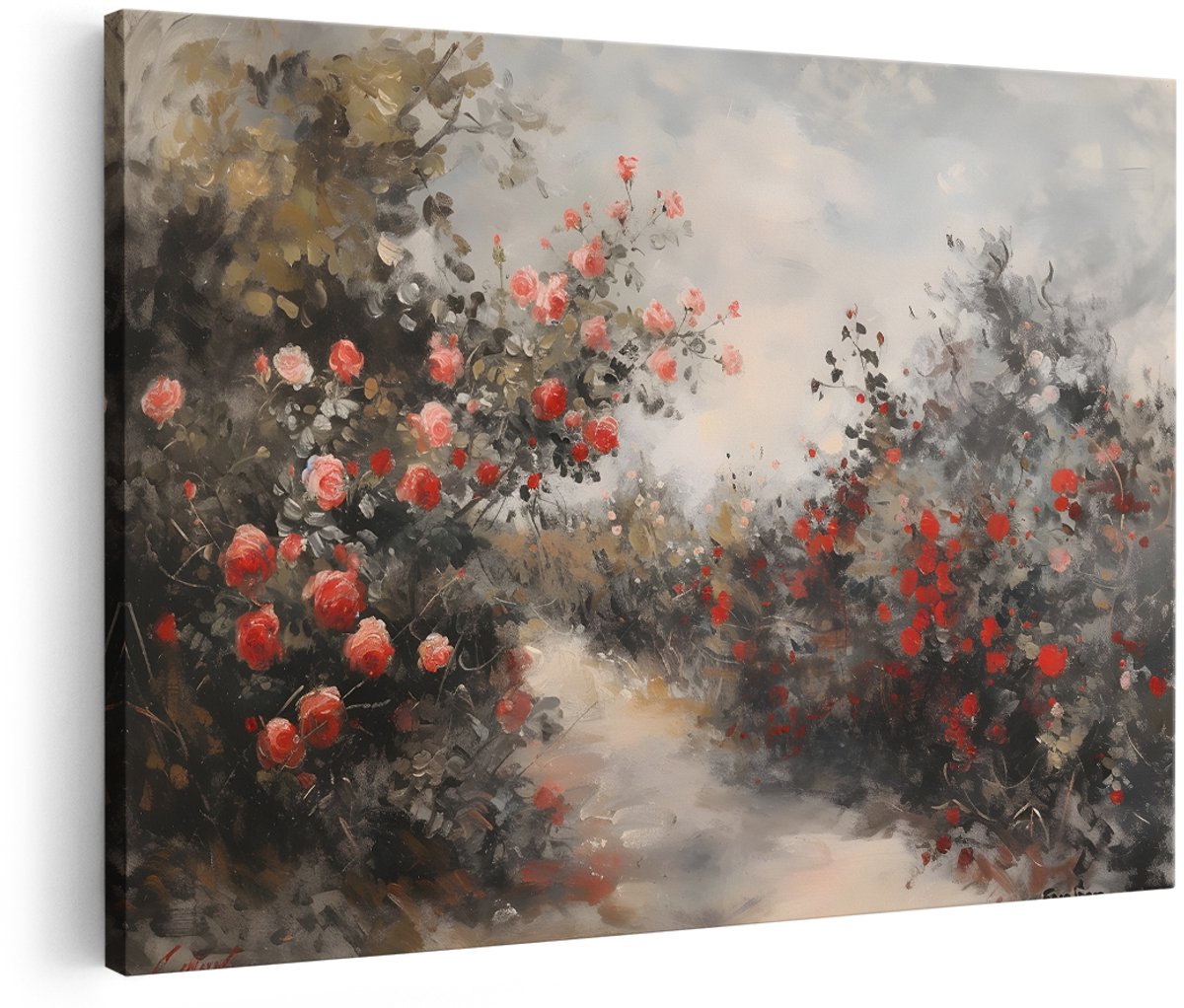 Artaza Canvas Schilderij Rozentuin - 150x100 cm - Groot - Wanddecoratie Bloemen - Muurdecoratie Landschap - Decoratie Woonkamer - Roze
