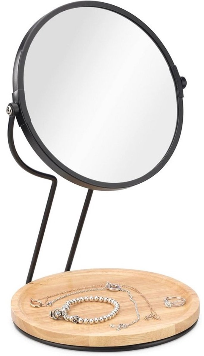 Dubbelzijdige make-up spiegel met juwelen tray - Staande spiegel van 17 cm Ø - Industrieel en modern ontwerp