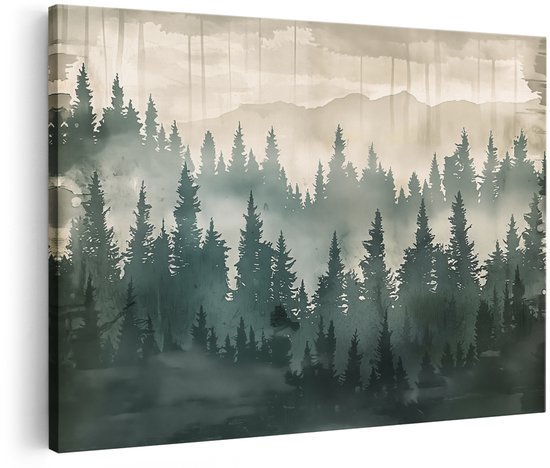 Une forêt d'arbres vert foncé avec de la brume au premier plan et des montagnes à l'arrière-plan. Les couleurs sont atténuées et le style est aquarelle.