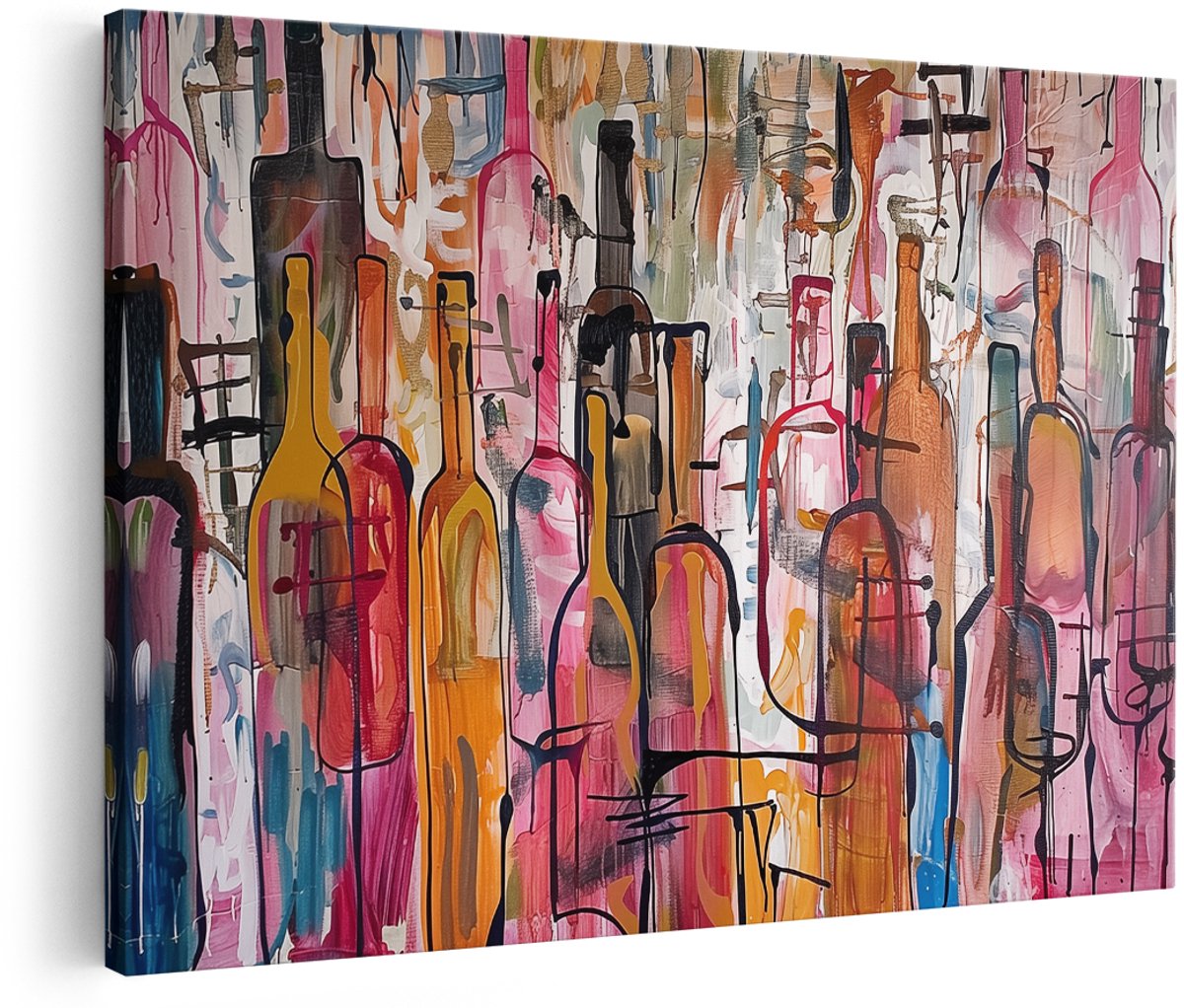 Artaza Canvas Schilderij Abstract Kunstwerk van Wijn Flessen - 150x100 cm - Groot - Wanddecoratie Woonkamer - Schilderijen - Muurdecoratie