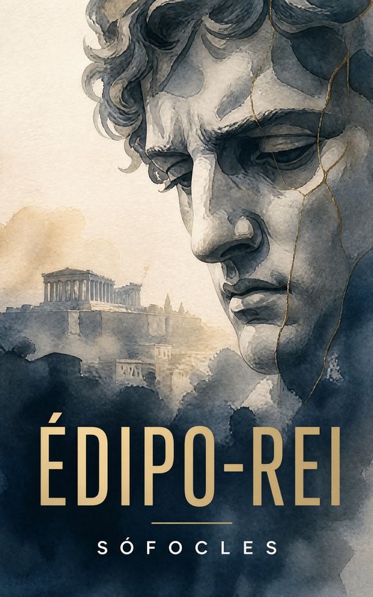Couverture du livre 'Édipo-Rei' avec un dessin aquarelle d'un buste grec et de l'Acropole.