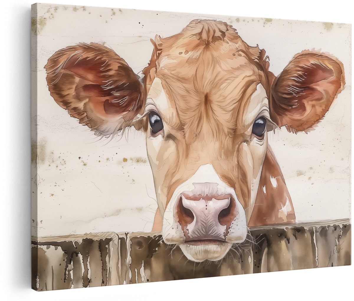 Artaza Canvas Schilderij Koe bij een Hek - Dieren - 150x100 cm - Groot - Wanddecoratie Woonkamer - Schilderijen - Muurdecoratie