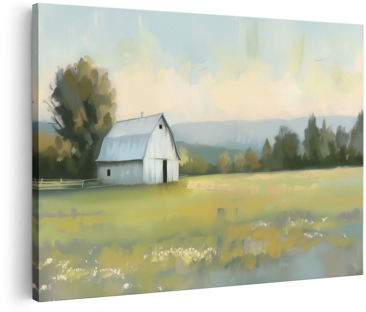 Artaza Canvas Schilderij Kunstwerk van een Schuur in een Veld - Landschap - 150x100 cm - Groot - Wanddecoratie Woonkamer - Schilderijen - Muurdecoratie