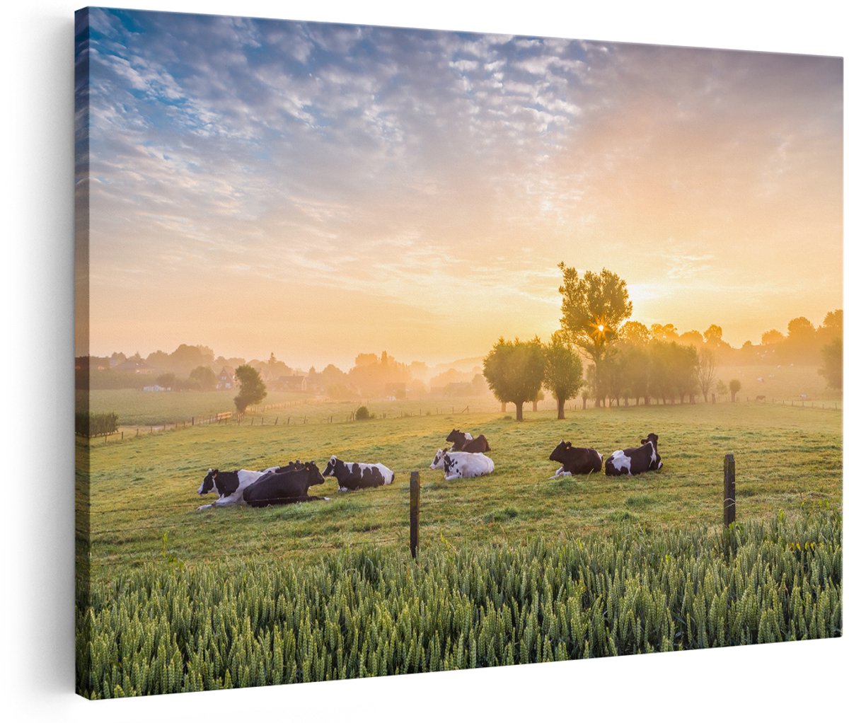 Artaza Canvas Schilderij Koeien In De Wei Tijdens Zonsopgang - 150x100 cm - Groot - Wanddecoratie Woonkamer - Schilderijen - Muurdecoratie