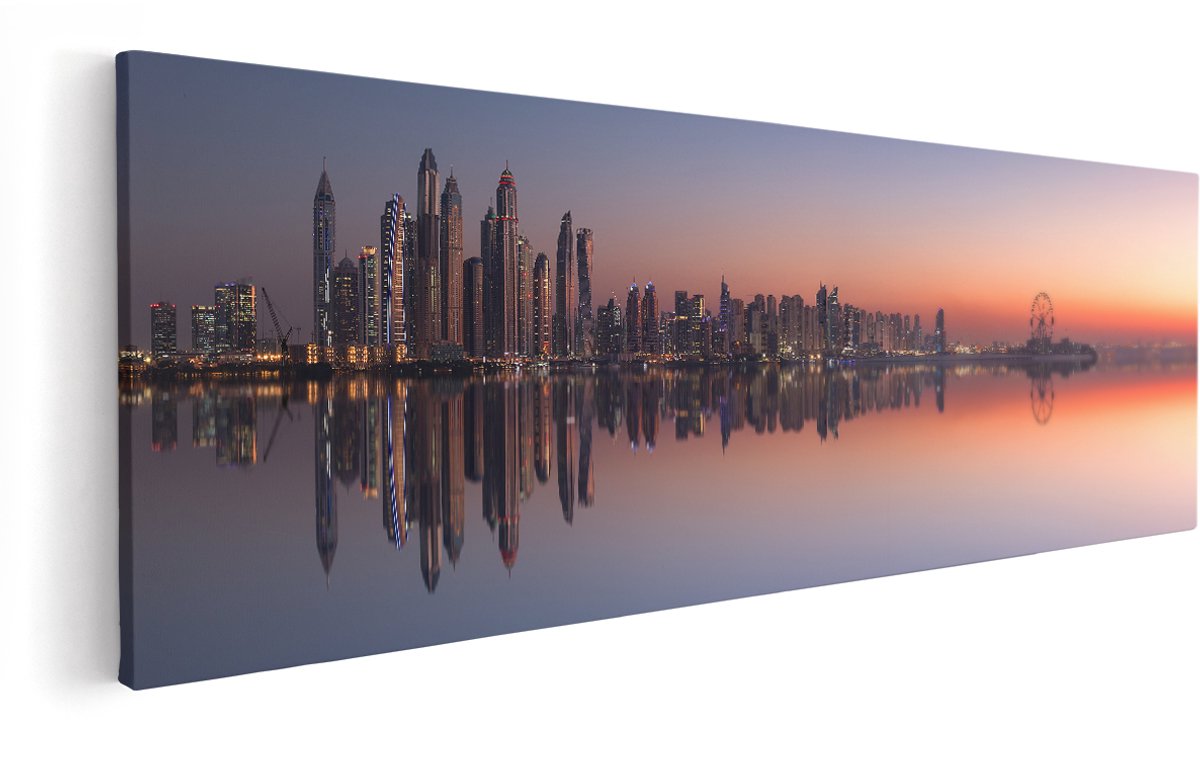 Artaza Canvas Schilderij Skyline Dubai Stad bij Zonsondergang - 150x50 cm - Groot - Wanddecoratie Woonkamer - Schilderijen - Muurdecoratie