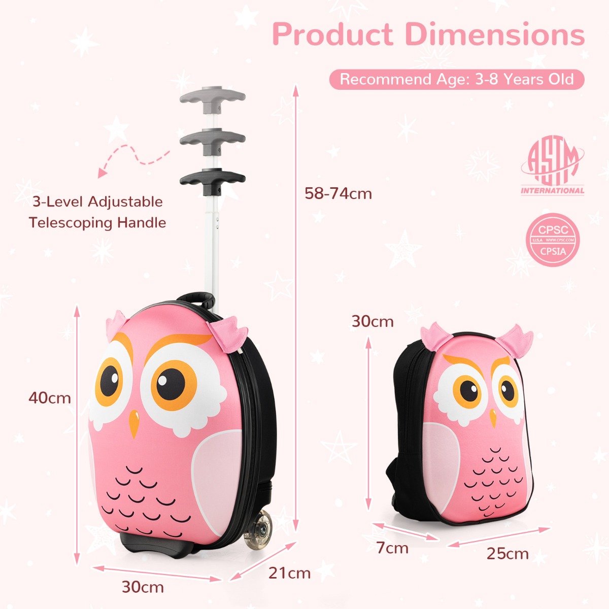 SureDeal® - Kinderkoffer - Delige Kinderkofferset - Rugzak Rollende Koffer - Kinderen Geel - Roze - Wit Zwart - 30x21x40 cm