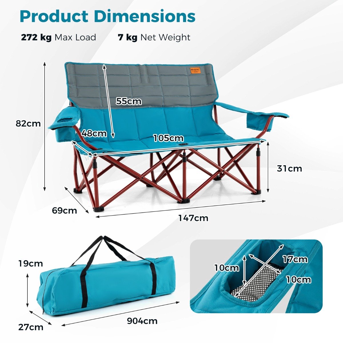 SureDeal® - Kamper - Oversized Campingstoel Opvouwbare - Bekerhouders Dikke Vulling - Buitengebruik - 149x70x80 cm - Groen