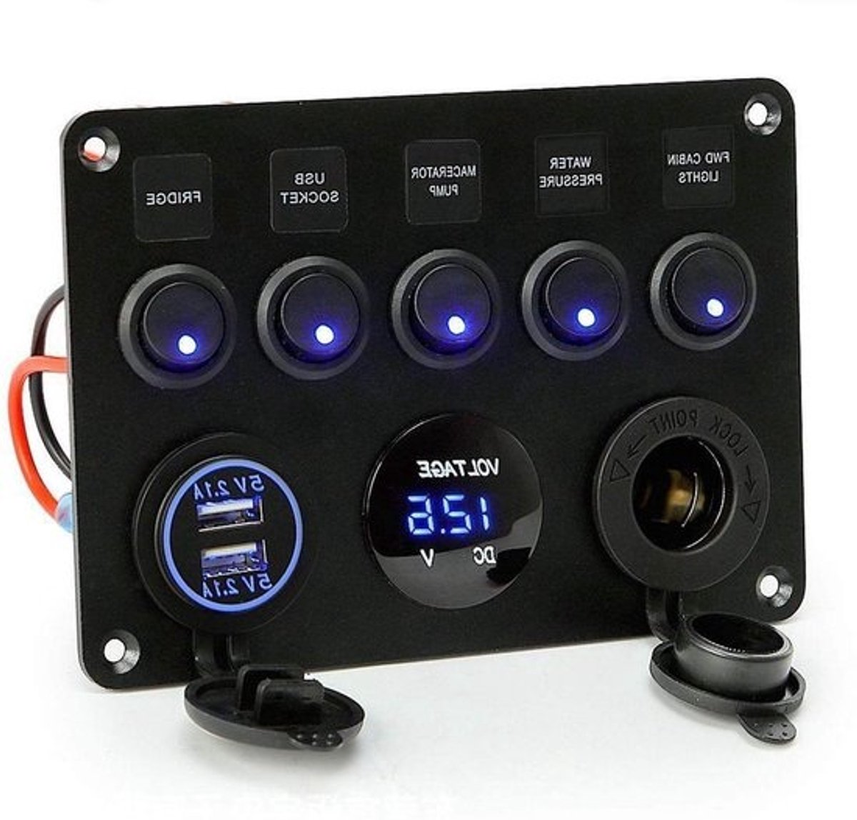 Schakelpaneel met USB - Paneel met voltmeter - Voertuig opladen - 5 Schakelaars - 15 x 10.5 x 8 cm